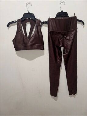 Carbon 38 High-Rise Faux Leather Leggings and Sports Bra Set - Dark Brown